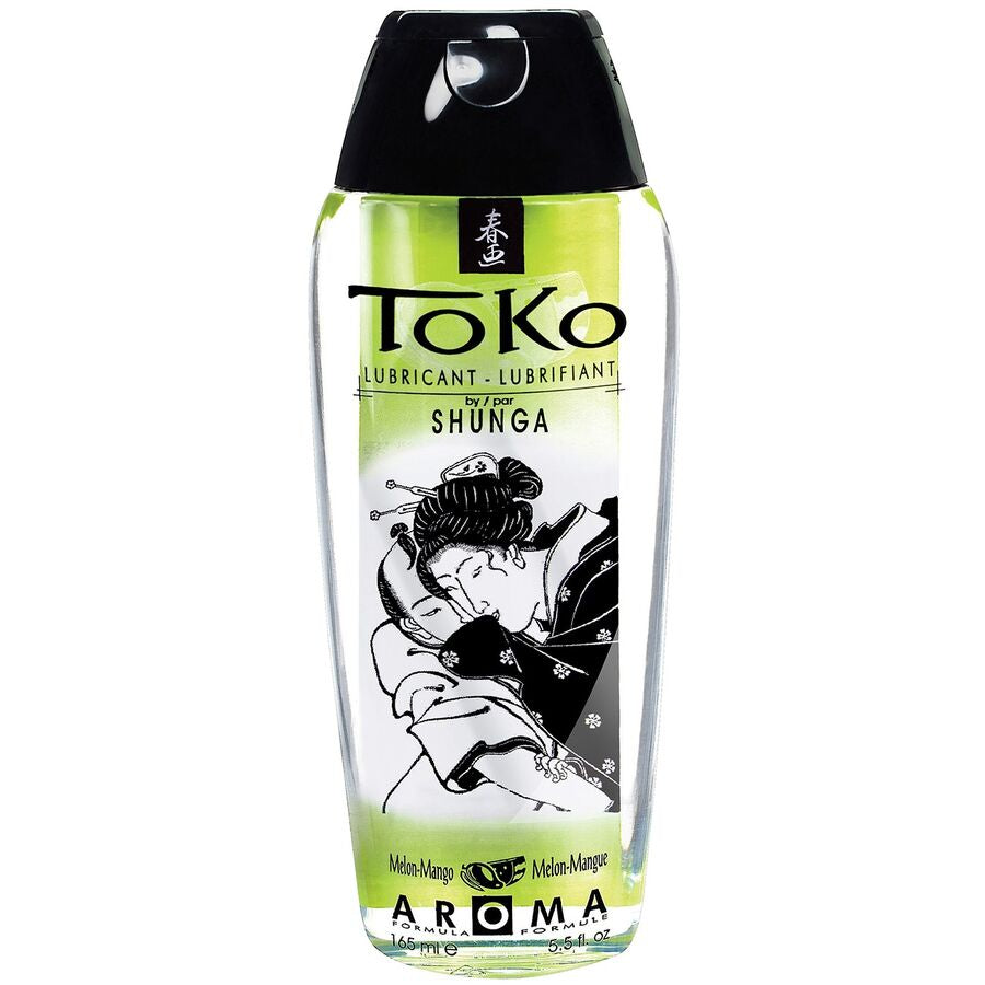 Lubrificante aromatizzato SHUNGA Toko al melone e mango, bottiglia da 100 ml, con etichetta colorata e design elegante.