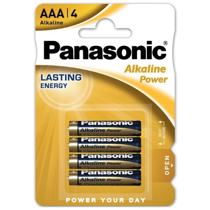 Batteria AAA LR03 in bronzo Panasonic, confezione da 4, ideale per dispositivi portatili e telecomandi.