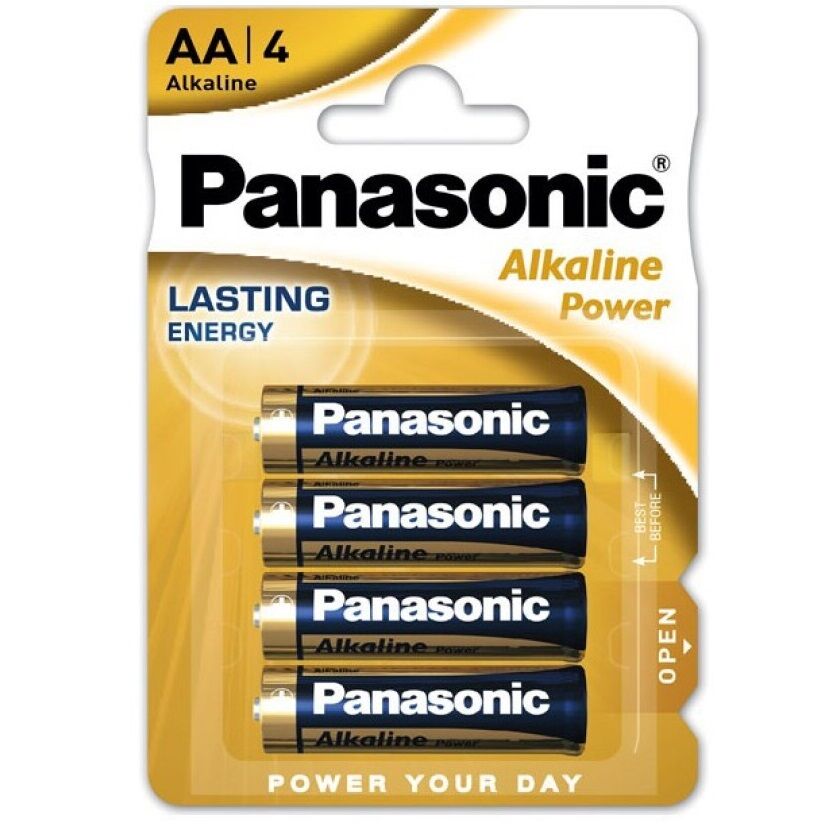 Batterie AA LR6 in bronzo Panasonic, confezione da 4 pezzi, con dettagli sul design e materiali della batteria.