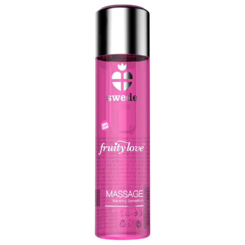Olio effetto calore SWEDE Fruity Love con pompelmo e mango, 120 ml, bottiglia con etichetta colorata.