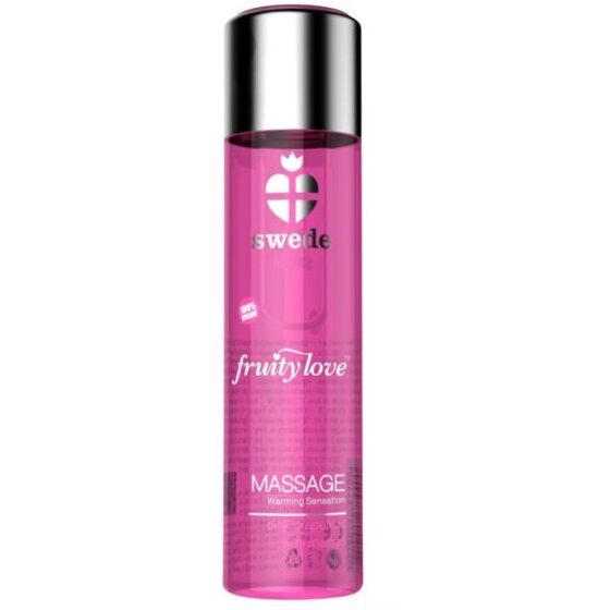Olio da massaggio SWEDE Fruity Love con pompelmo rosa e mango, 60 ml, bottiglia con etichetta colorata e dettagli fruttati