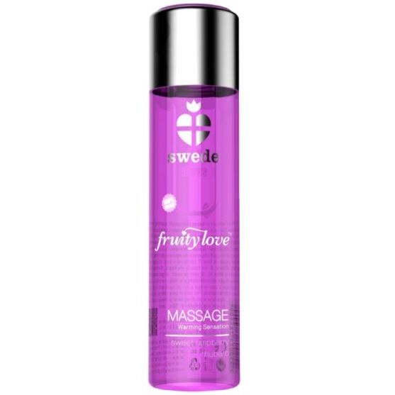 Olio da massaggio SWEDE Fruity Love con lampone rosa e rabarbaro, effetto riscaldante, 60 ml, bottiglia con etichetta colorata