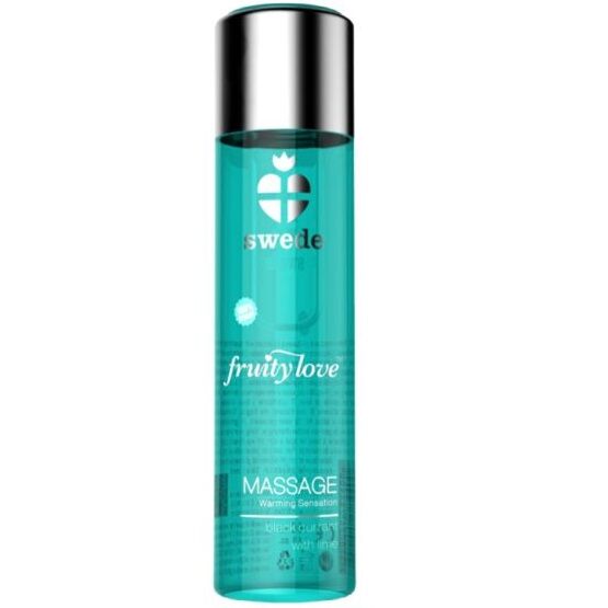 Olio da massaggio SWEDE Fruity Love con aroma di ribes nero e lime, bottiglia da 60 ml, effetto riscaldante e sensuale.