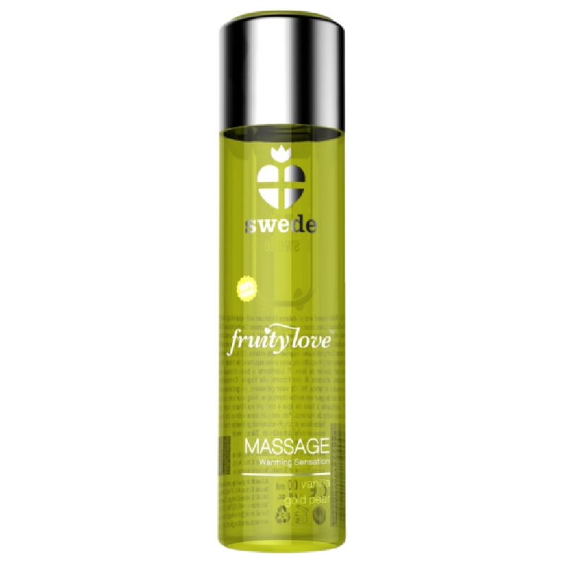 Olio da massaggio SWEDE Fruity Love con effetto riscaldante, aroma vaniglia e pera oro, 120 ml, bottiglia elegante e colorata