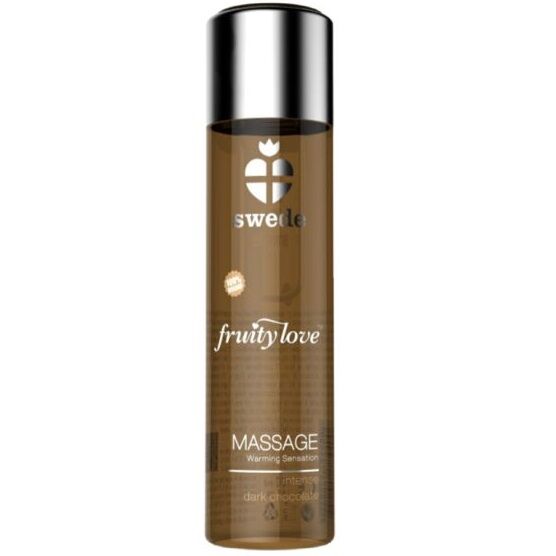Olio da massaggio SWEDE Fruity Love con effetto riscaldante e aroma di cioccolato fondente, bottiglia da 60 ml.