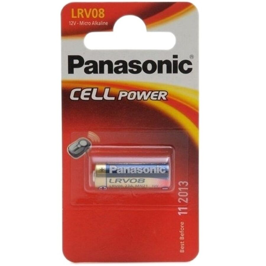 Pila alcalina Panasonic LR23A 12V, batteria LR08, visibile in confezione singola con etichetta e simboli di prodotto