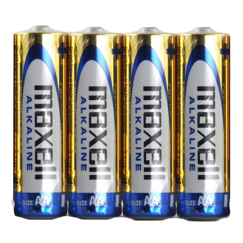 Pile di batterie AA LR6 MAXELL in blister da 4, visibili con etichette e confezione in blister.