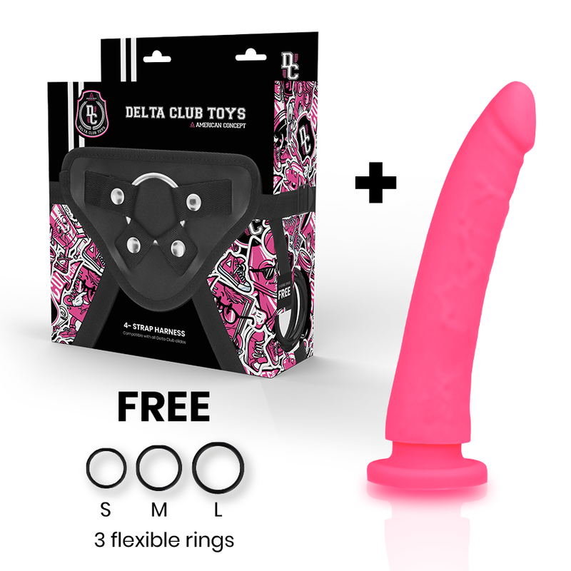 Imbracatura e dildo in silicone rosa DELTACLUB DELTA CLUB, 17 cm, con o-ring, dettagli realistici e morbidi.