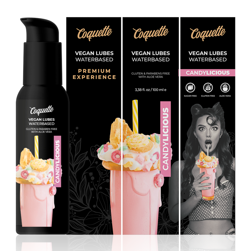 Lubrificante vegano Coquette Cosmetics Candylicious, esperienza premium, bottiglia da 100ml, con etichetta colorata e design elegante