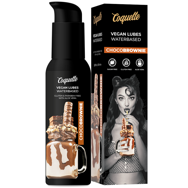 Lubrificante vegano Coquette Chic Desire al cioccolato Brownie, esperienza premium, bottiglia da 100ml, dettaglio del prodotto.