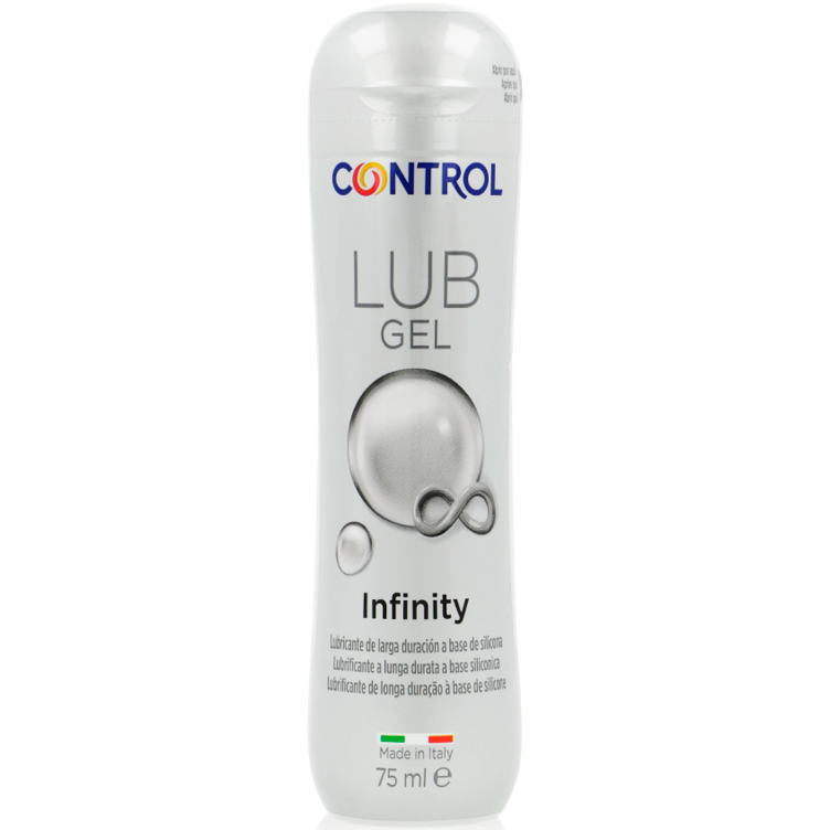 Lubrificante a base silicone CONTROL Infinity da 75 ml, contenitore con etichetta e tubo, per uso intimo e massaggi.