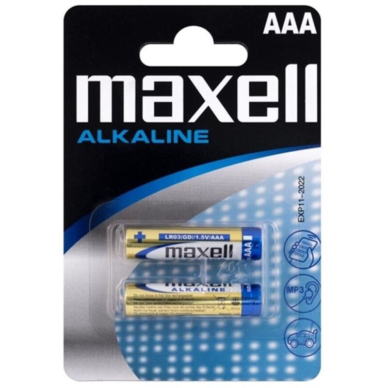 Paire di batterie alcaline AAA LR03 Maxell in blister, ideale per dispositivi portatili e telecomandi.