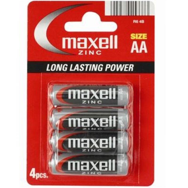 Pile salina MAXELL AA Manganeso R6, confezione da 4 batterie alcaline per dispositivi elettronici.