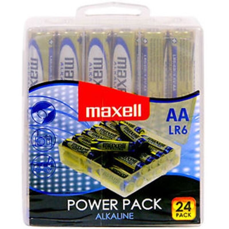 Confezione da 24 batterie alcaline AA LR6 MAXELL, incluse in una scatola con etichetta visibile e batteri di diverse dimensioni