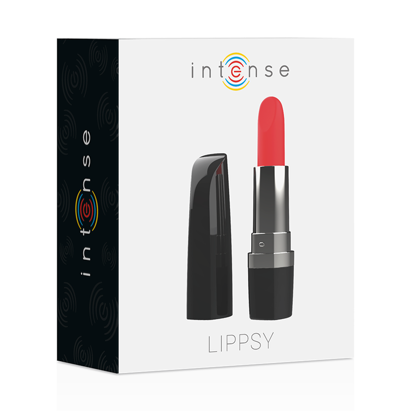 Rossetto vibrante Lippsy del brand INTENSE FUN con finitura luminosa e colore intenso, applicato sulle labbra.