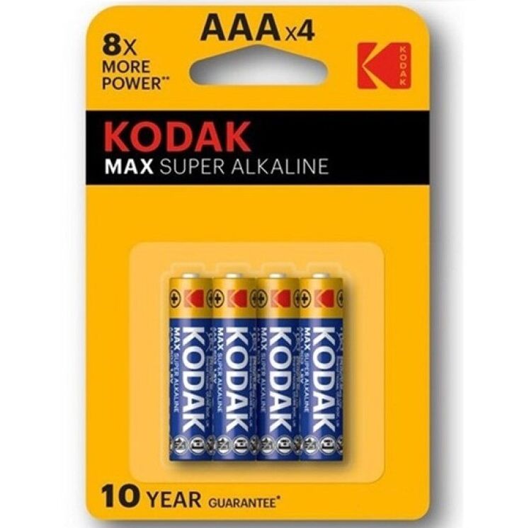 Batterie alcaline AAA KODAK Max Super LR03 in blister da 4 pezzi, ricariche e ad alte prestazioni per dispositivi elettronici.