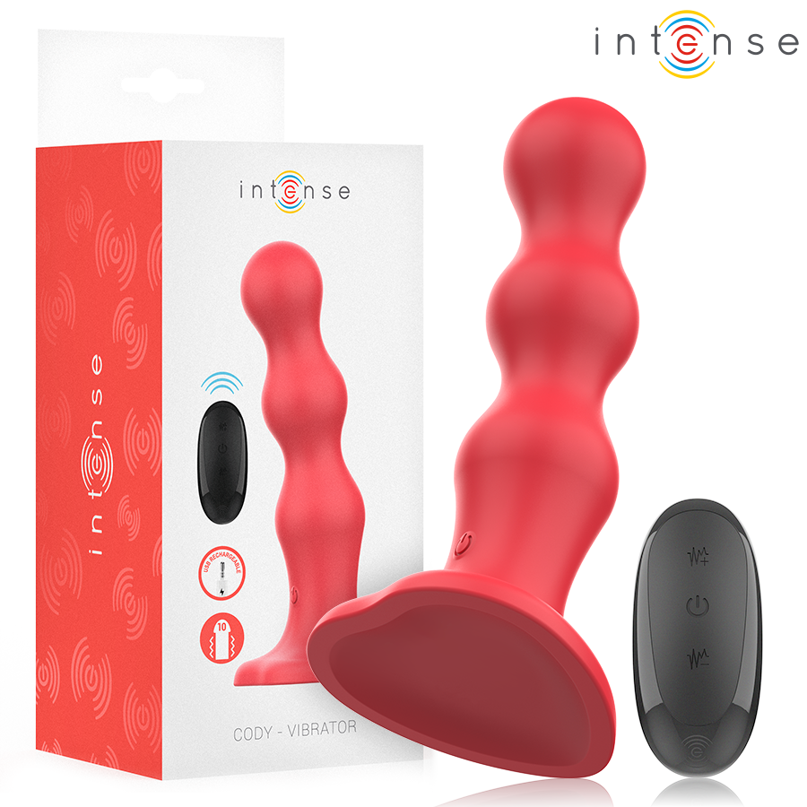 Vibratore con ventosa e telecomando rosso INTENSE CODY, design compatto e versatile, ideale per stimolazione.
