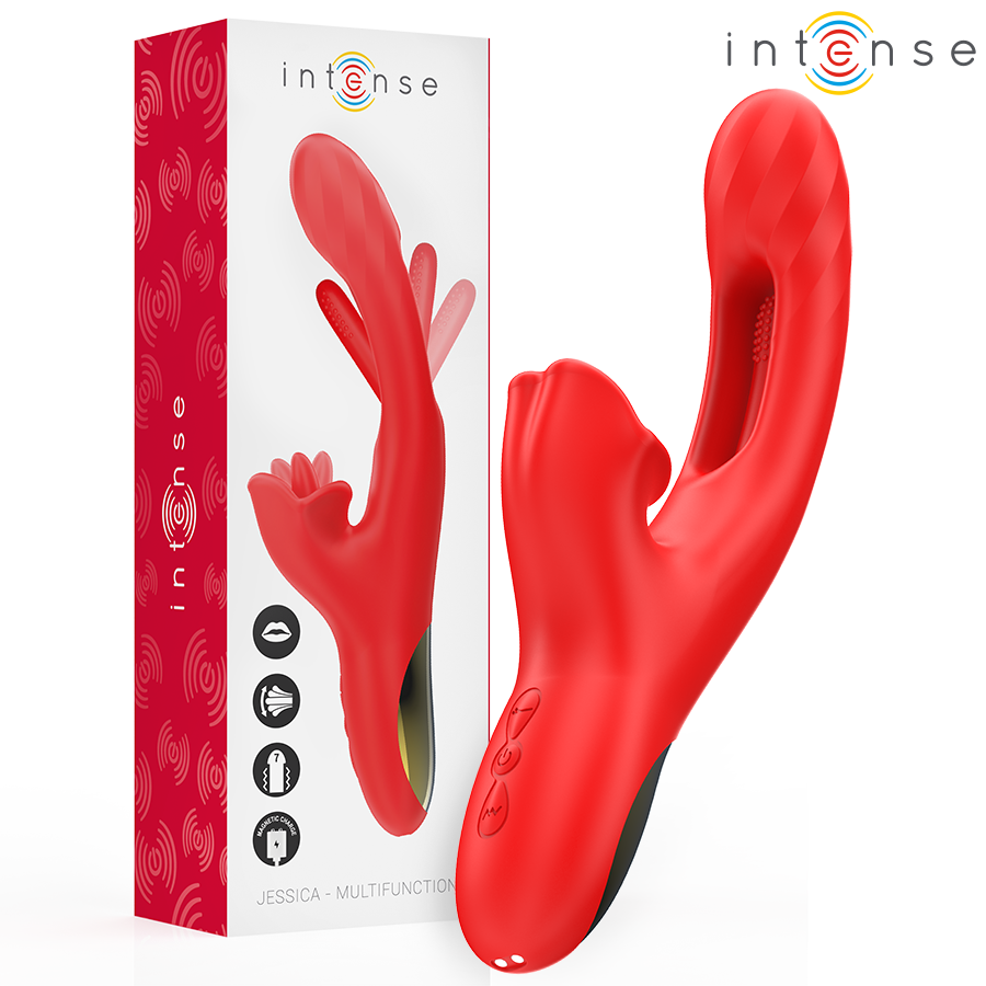 Vibratore multifunzione Jessica di INTENSE FUN, stimolazione clitoride, lungo 24,8 cm, colore rosso, design ergonomico.