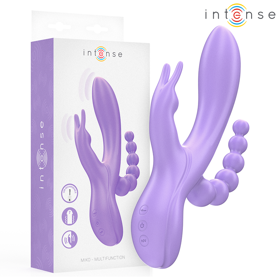 Vibratore triplo INTENSE MIKO con coniglio, stimolatore anale e 7 modalità di vibrazione, colore viola, prodotto INTENSE FUN.