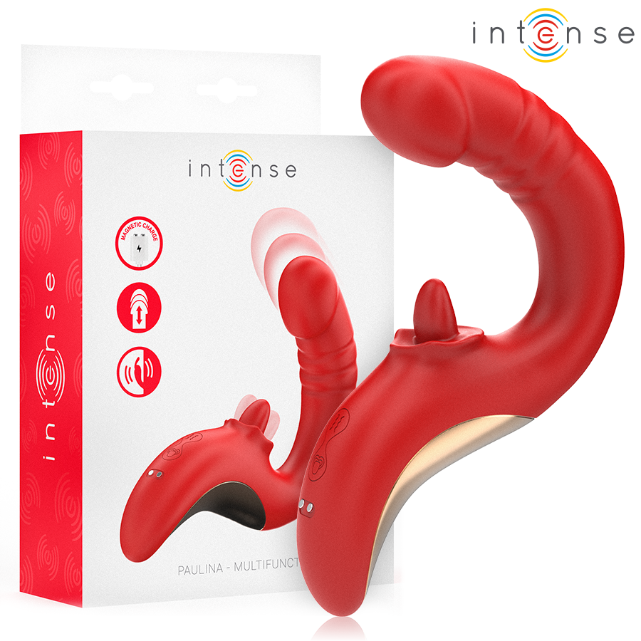 Vibratore e stimolatore a forma di U rosso del brand INTENSE FUN, design ergonomico e dettagliato.