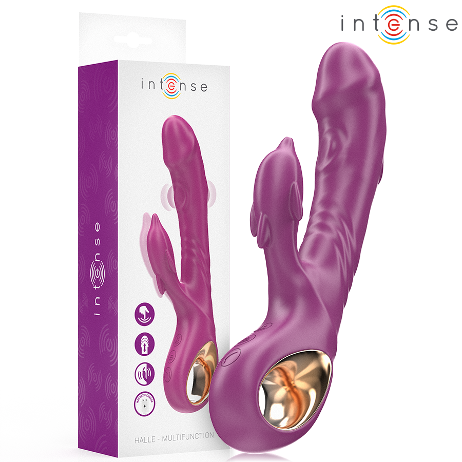 Vibratore multifunzione INTENSE FUN Halle con lingua stimolante a delfino viola, design ergonomico e dettagli realistici