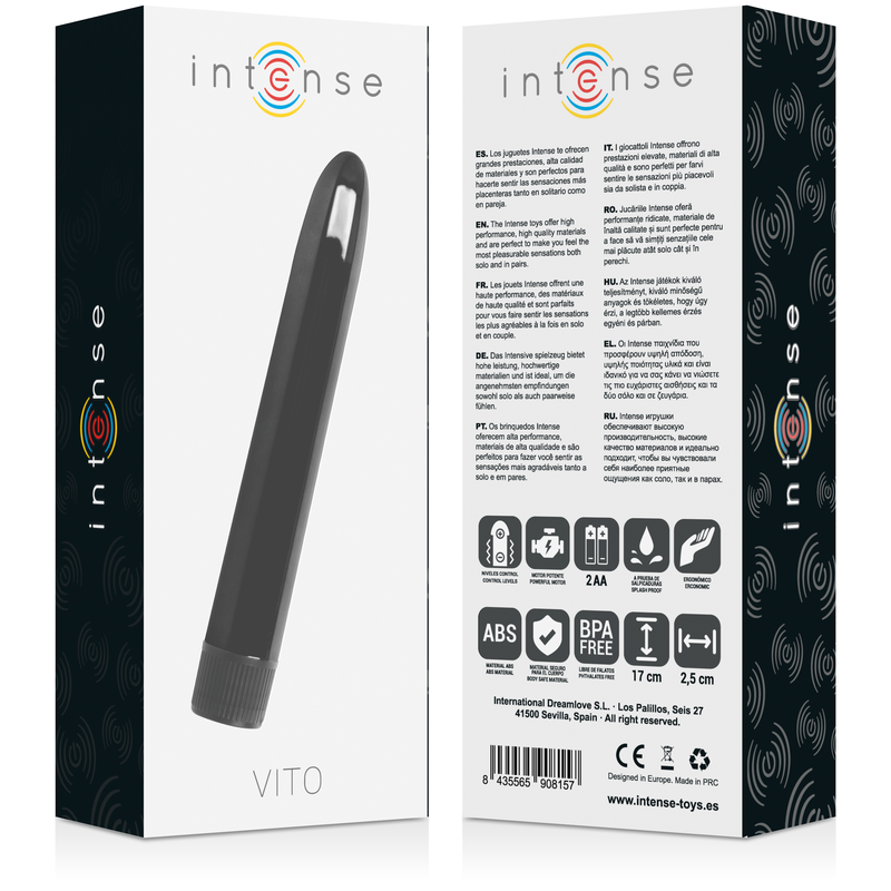 Vibratore nero INTENSE VITO, prodotto per il piacere intimo, con design ergonomico e superficie liscia.