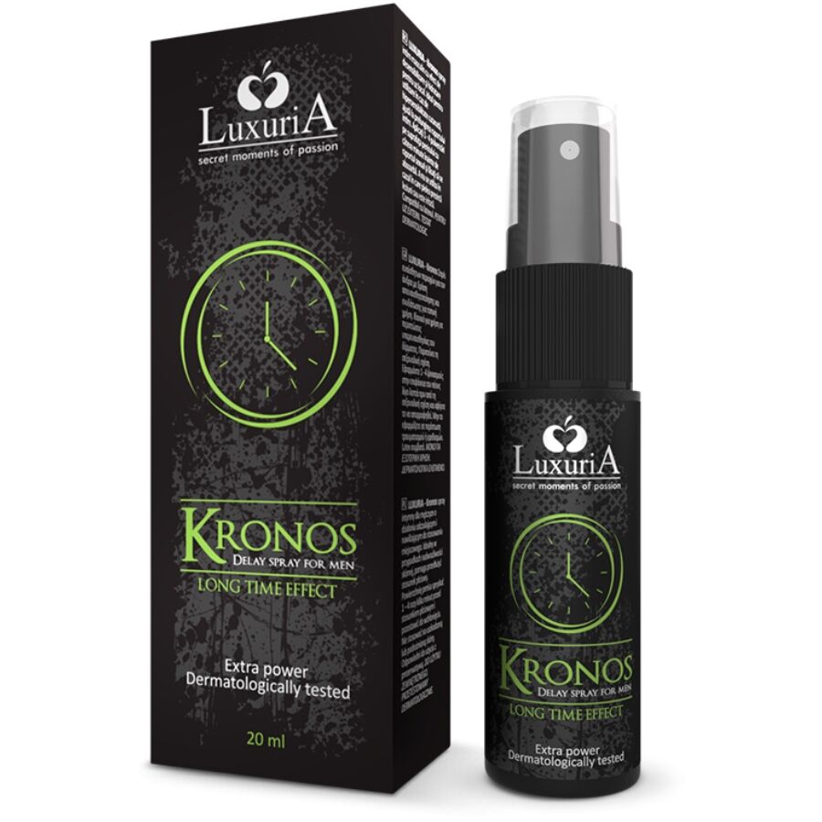 Spray desensibilizzante Intimateline Luxuria Kronos, 20 ml, con spray effetto ritardante, flacone bianco con etichetta blu.