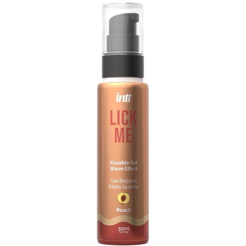 Gel alimentare Lick Me Peach INTT Lubricants, effetto calore, con aroma di pesca, per uso sicuro e piacevole.