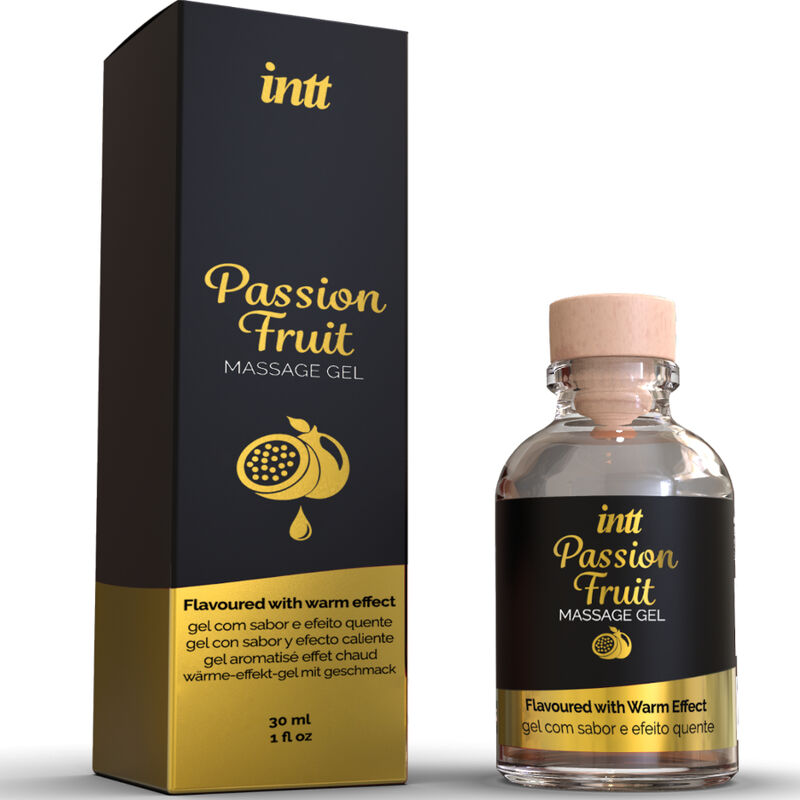 Gel da massaggio e sesso orale INTT MASSAGE & ORAL SEX al gusto di frutto della passione con effetto calore, flacone da 100 ml