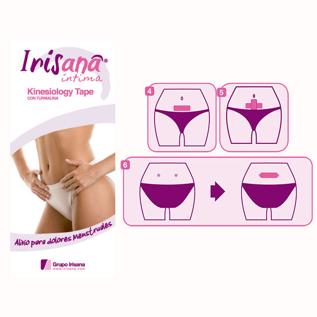 Nastro autoadesivo IRISCUP IRISANA per alleviare i dolori mestruali, visualizzato in immagine con confezione e design pratico