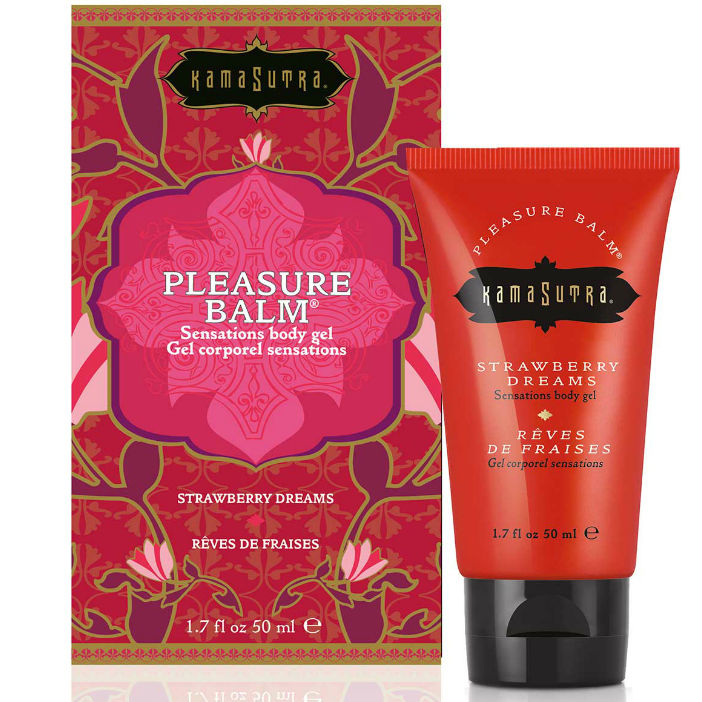 Balsamo stimolante del piacere Kamasutra Cosmetics gusto fragola Dreams, 50 ml, con confezione e etichetta visibile