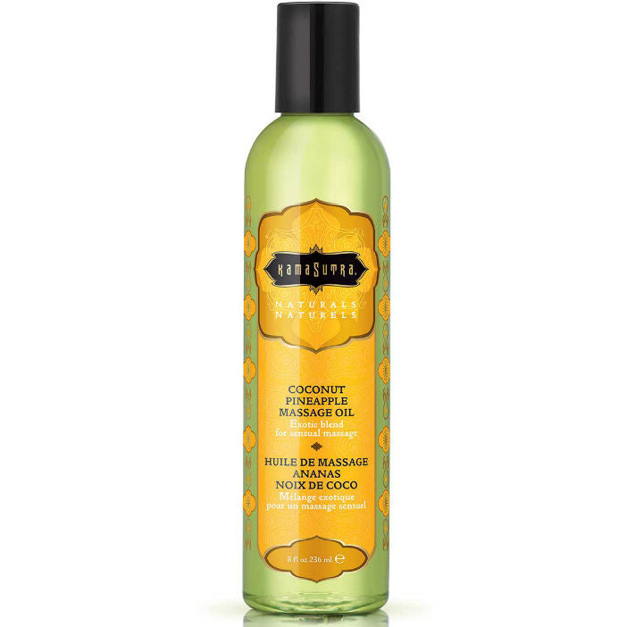 Olio da massaggio Naturals Piña Colada di Kamasutra Cosmetics in bottiglia da 236ml, con etichetta colorata e design tropicale