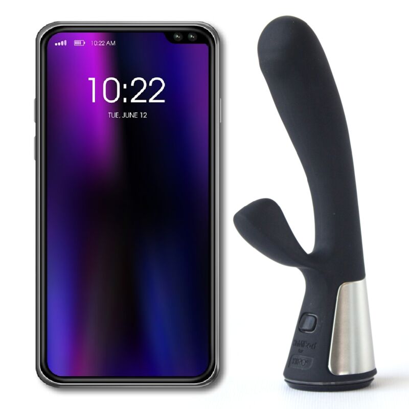 Telecomando nero KIIROO Ohmibod Fuse App con pulsanti e schermo, controllabile tramite smartphone, vista frontale.