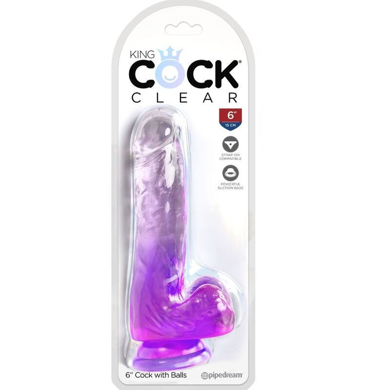 Penis realistico trasparente KING COCK con sfere, lunghezza di 13,5 cm in colore viola, dettagli realistici e testo.