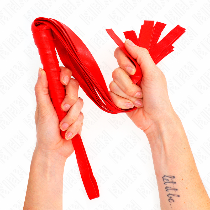 Frusta codina lunga rossa KINK Impact & Touch, 48,5 cm, in pelle con impugnatura dettagliata, per giochi di ruolo e stimolazione sensuale.