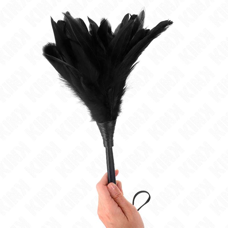 Piume di pollo nere a forma di corno di 36 cm di KINK Impact & Touch, decorazione originale in pelle e piume.