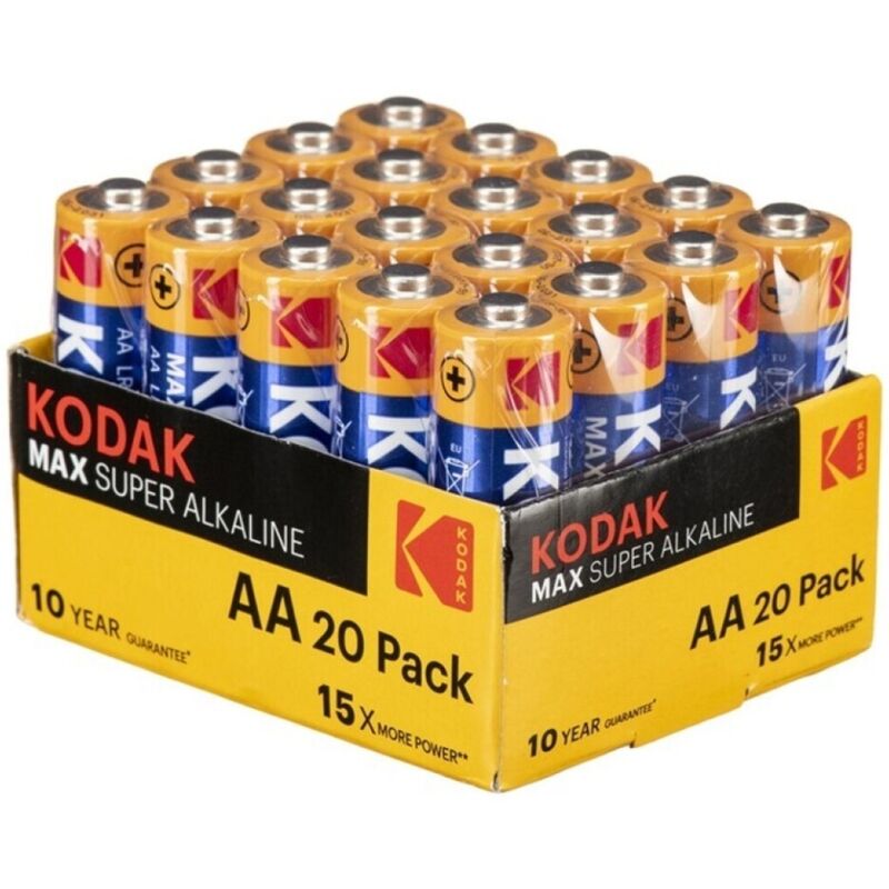 Set di 20 batterie alcaline AA LR6 KODAK, alimentatori affidabili per dispositivi domestici e elettronici.