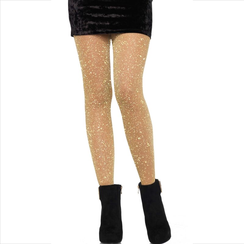 Collant trasparenti dorati del marchio LEG AVENUE HOSIERY, visibili sulle gambe con un effetto lucido e elegante.