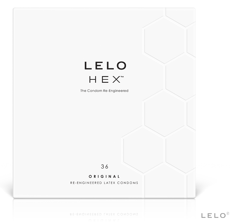 Scatola di preservativi LELO HEX da 36 pezzi, confezione bianca con logo LELO e dettagli di protezione e sicurezza