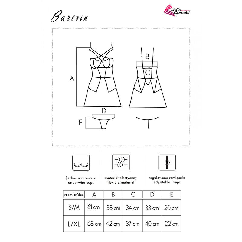 Set lingerie LIVCO CORSETTI FASHION Baririn, camicia e panty neri, taglia L/XL, morbido e sexy.