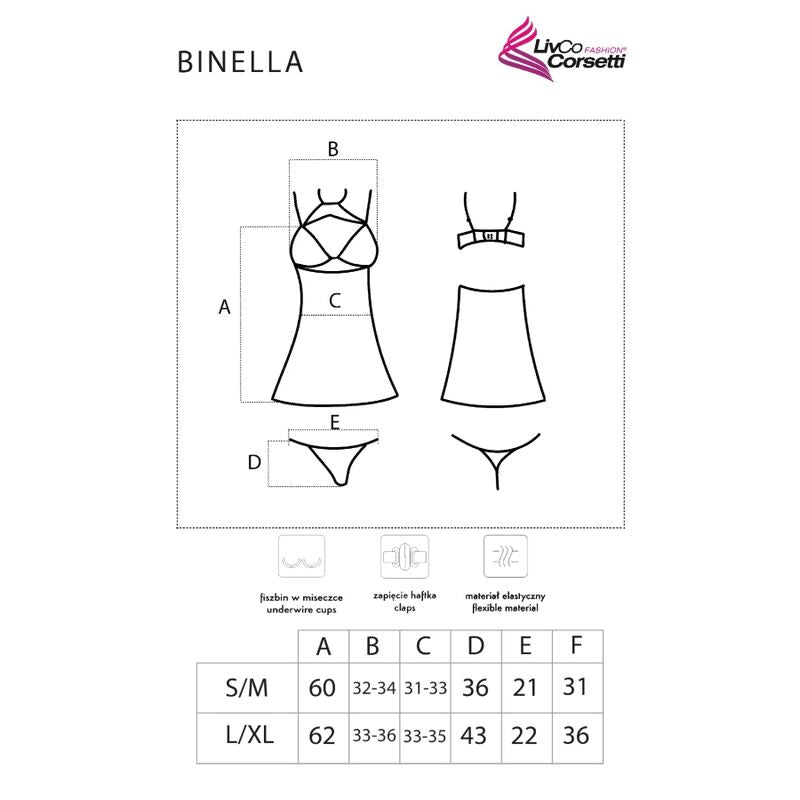 Set lingerie LIVCO CORSETTI Fashion Binella con babydoll nero e perizoma abbinato, elegante e sexy, in morbido tessuto nero.
