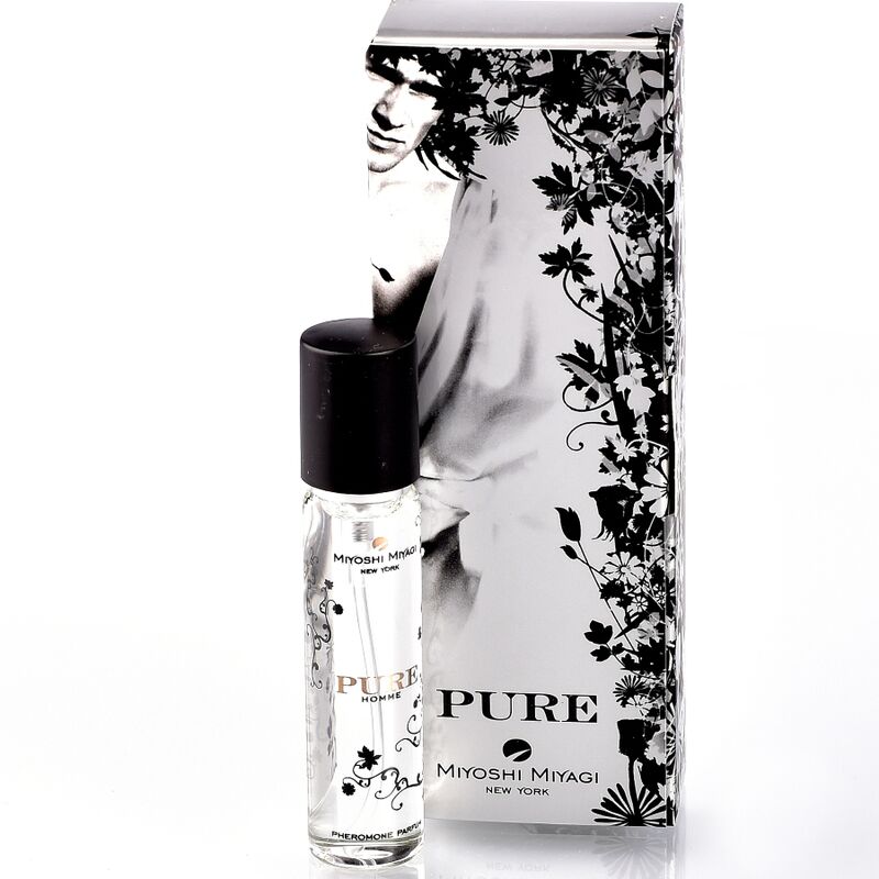 Profumo MIYOSHI MIYAGI De Fromonas Puras per uomo, flacone da 15 ml, dettagli visivi del packaging e del design del prodotto