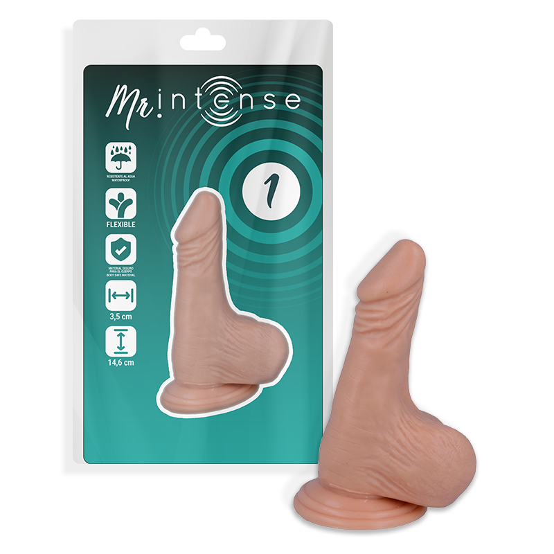 Penis realistico MR INTENSE, modello 1, lunghezza 14,6 cm e diametro 3,5 cm, immagine che mostra dettagli realistici e texture.