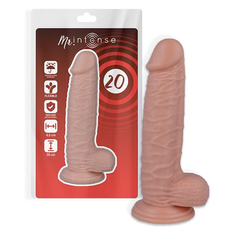 Penis realistico di MR. INTENSE, lunghezza di 20 cm e diametro di 4,6 cm, con dettagli realistici e texture naturale.