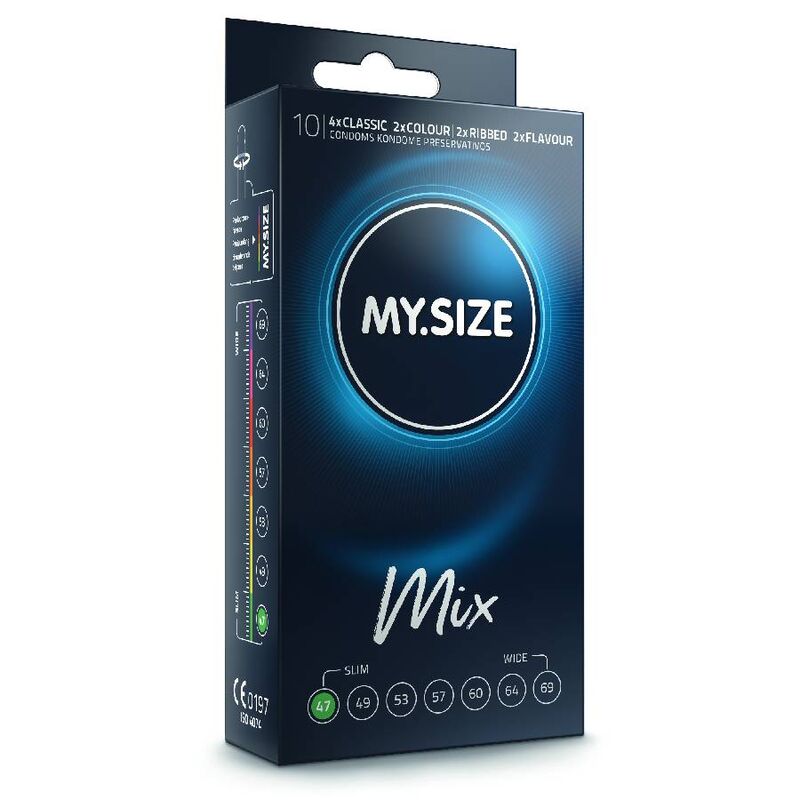 Preservativi MY SIZE MIX da 47 mm, confezione da 10 unità, con diversi tipi di preservativi per misure personalizzate.