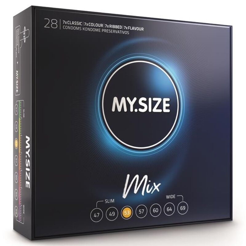 Preservativi MY SIZE MIX da 53 mm, confezione da 28 pezzi, con preservativi di varie taglie e texture.