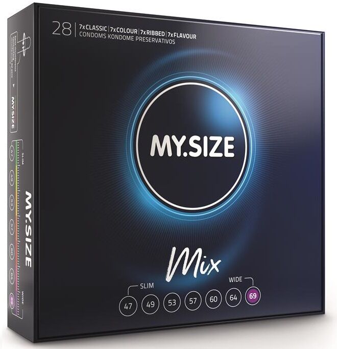 Preservativi MY SIZE MIX da 69 mm, confezione da 28 unità, con preservativi di diverse taglie e texture.