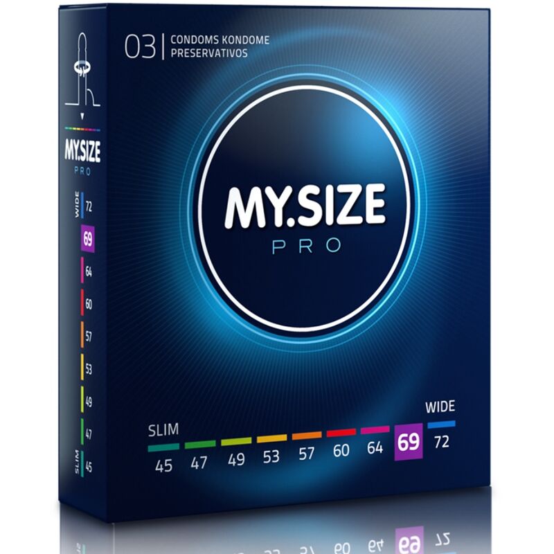 Preservativi MY SIZE PRO da 69 mm, confezione da 3 unità, profilati per una vestibilità sicura e confortevole