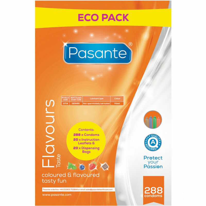 Preservativi Pasante Eco Pack Gusti Borsa, confezione da 288 unità, con varietà di gusti, immagine del prodotto confezionato.