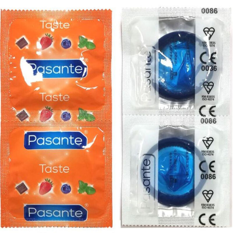 Preservativi Pasante gusto mirtillo, confezione da 144 unità, con preservativi femminili in scatola blu.